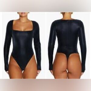 NWT! Naked Wardrobe Liquid Leather Faux Suede Square Neck Long Sleeve Bodysuit